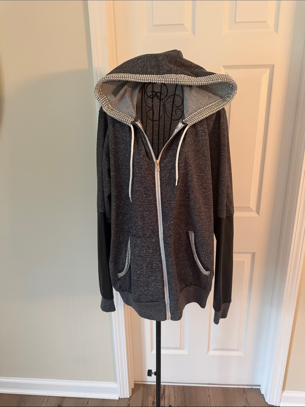 Women's Dark Gray Zip-Up Hoodie with Contrast Sleeves